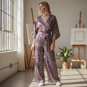 Caballero Rue Cheetah Splatter Print Abstract Pleated VNeck Tie Waist Jumpsuit S